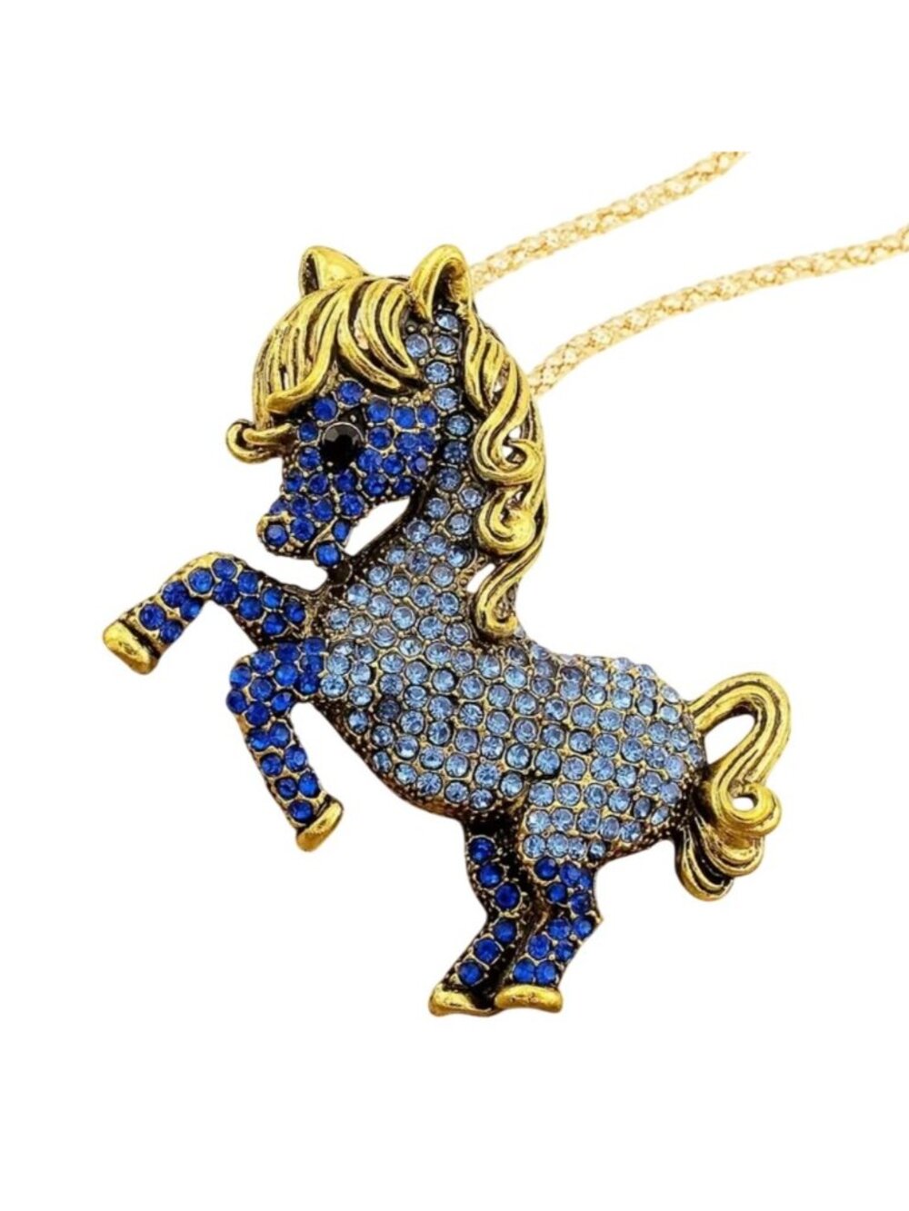 Pink Crystal Pony Horse Pendant Necklace Gold Tone